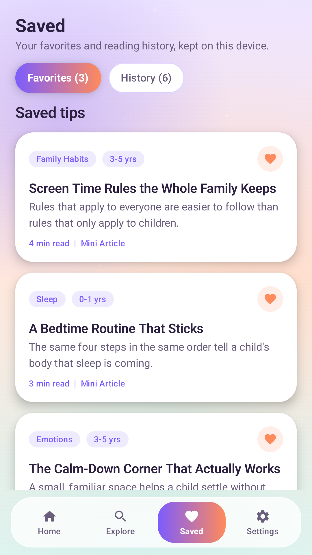 Parenting Compass saved favorites screen