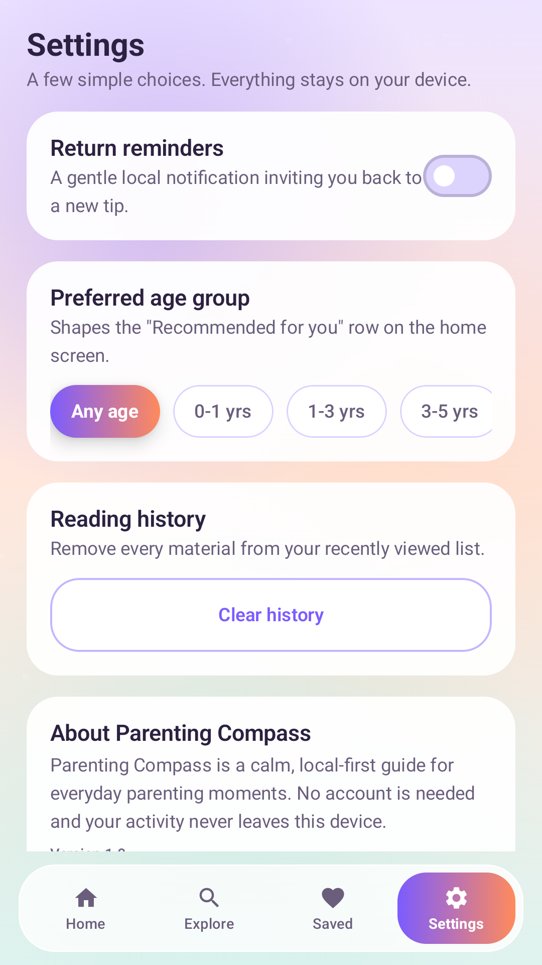 Parenting Compass settings screen